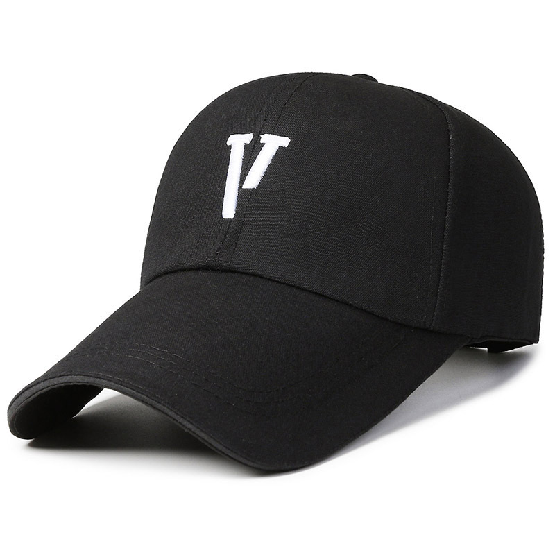 V logo, black with white embroidery