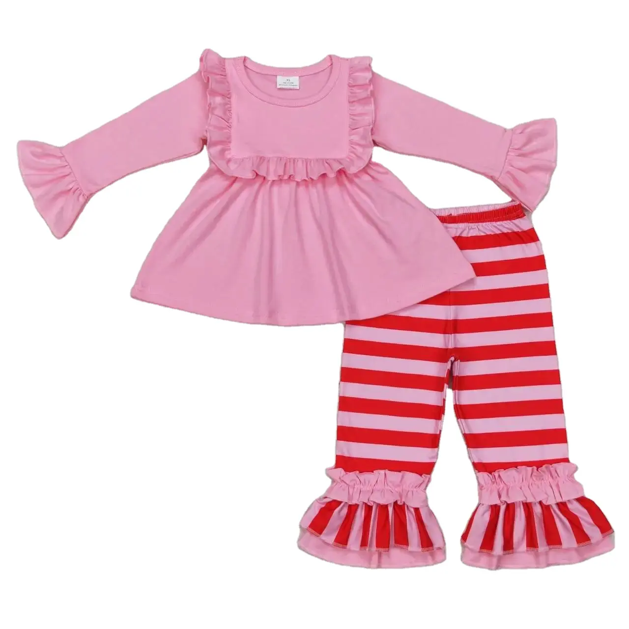 Venta al por mayor caliente occidental boutique traje de bebé Niñas Ropa de encaje rosa de manga larga a rayas rojas pantalón niños nuevo diseño