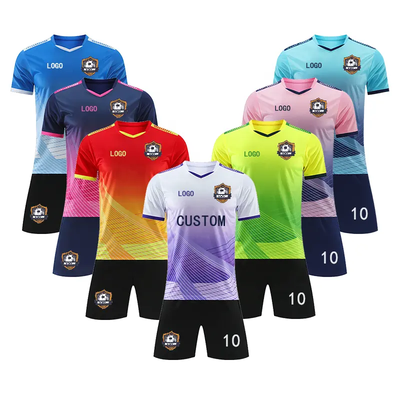 Camiseta de fútbol juvenil con logotipo personalizado, uniformes de fútbol de poliéster transpirable de alta calidad, técnicas de impresión para adultos y niños, nombre del equipo en blanco