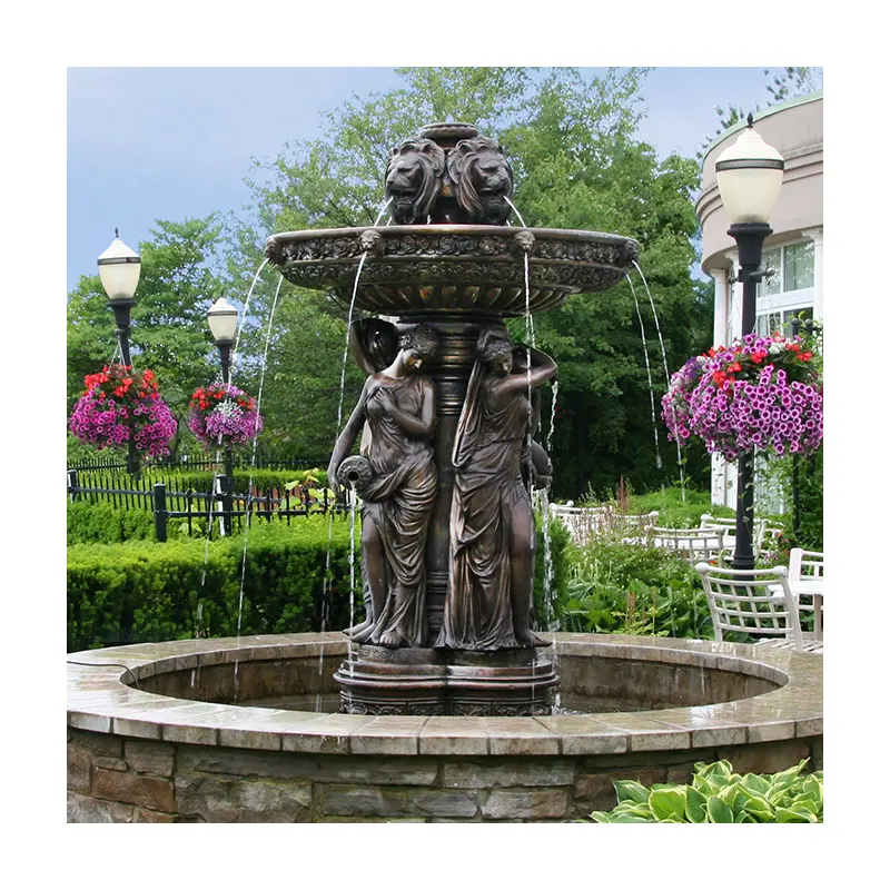 Outdoor Garden Decorative Large Woman And Lion Head Statue Bronze Water Fountain For Sale