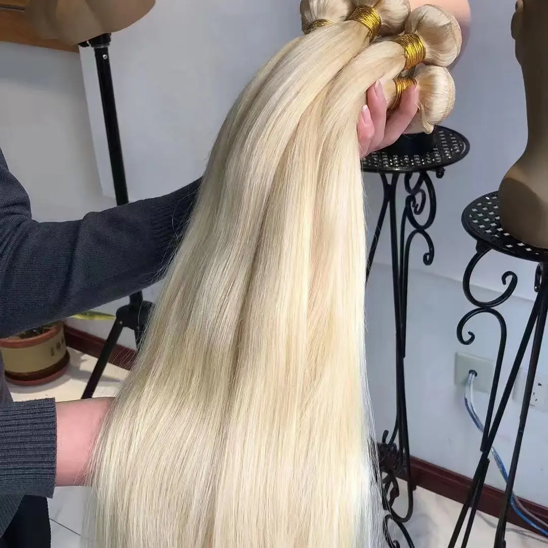 Mechones de cabello humano Rubio 613 de 30 pulgadas con Frontal 613 #, pelo virgen sin procesar de visón Platino, 613 Frontal y mechones de pelo rizado