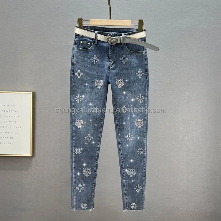 wholesale casual women's High Waist stretch denim pants Ripped jeans for women