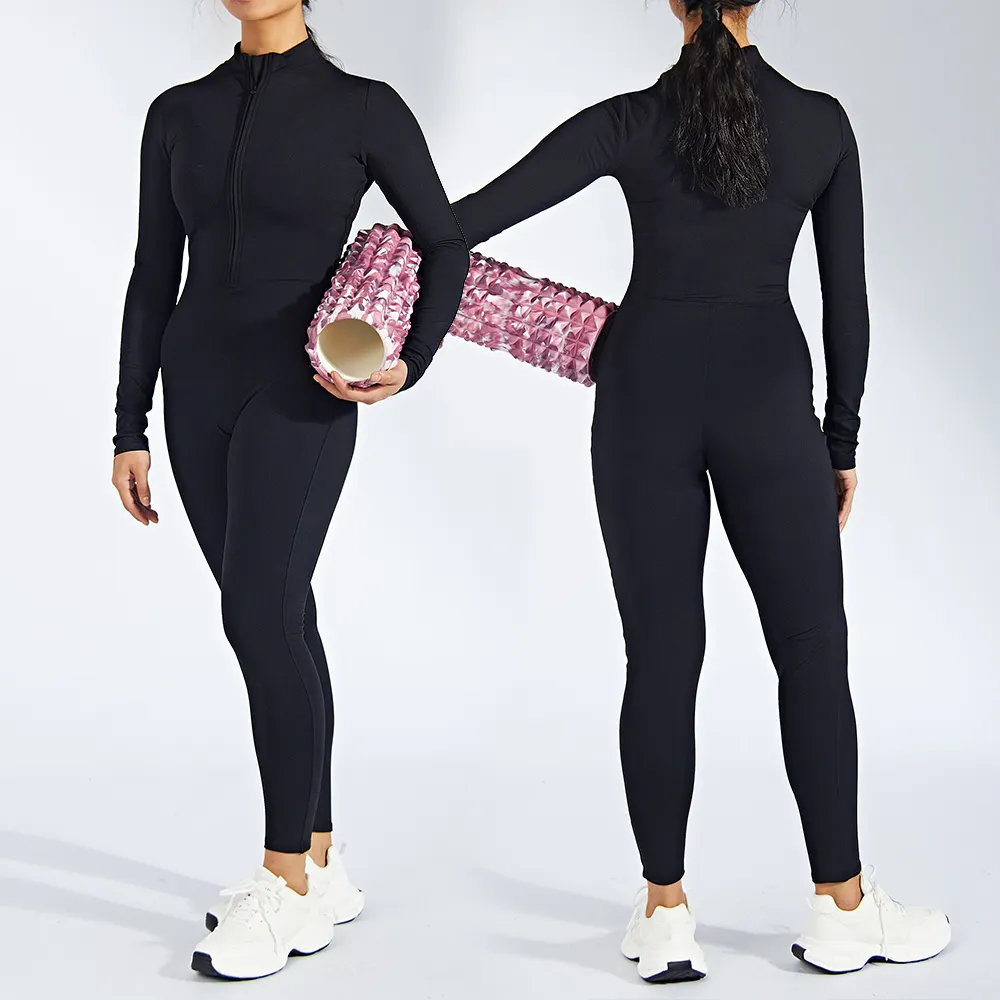 Nuevo diseño negro Sexy entrenamiento mameluco Bodycon una pieza media cremallera Yoga entrenamiento Activewear mono