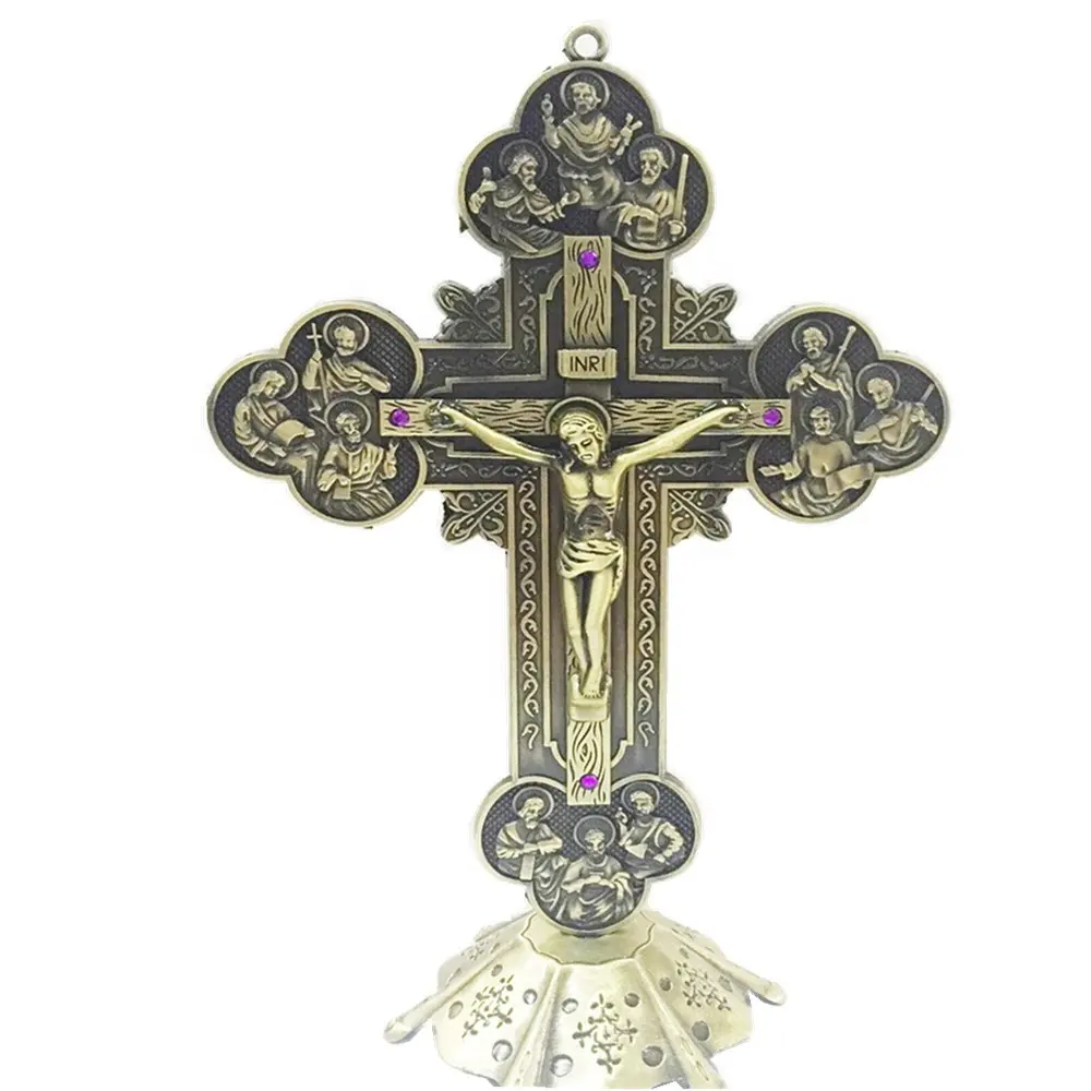 Bronzo antico placcato Chiesa Ortodossa di Metallo Pietre Croce Signore Gesù Cristo in piedi crocifisso cattolica decorazione pezzo