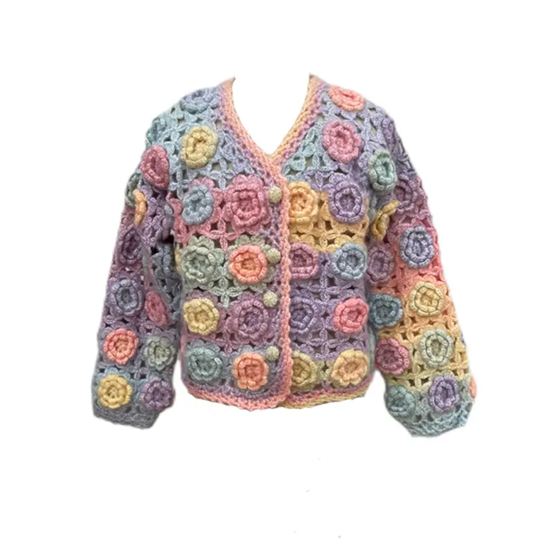 2024 ropa de ganchillo hecha a mano personalizada para niños último hueco color gancho flores diseño niñas Cachemira suéteres cárdigan