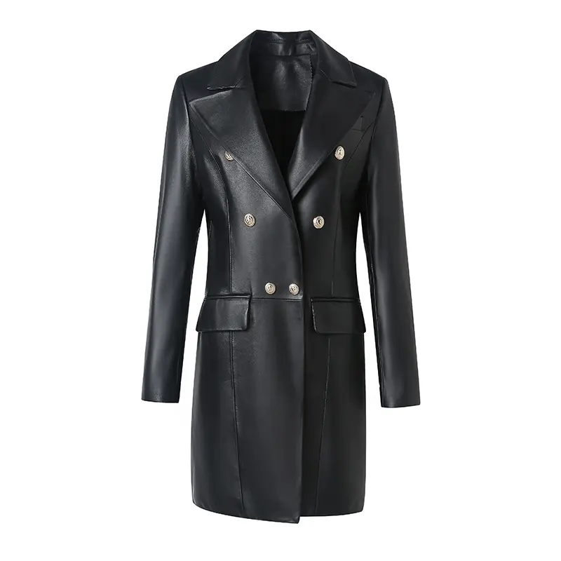 Abrigo de cuero para mujer con cuello de traje de alta calidad, chaqueta de cuero genuino de diseño europeo para mujer