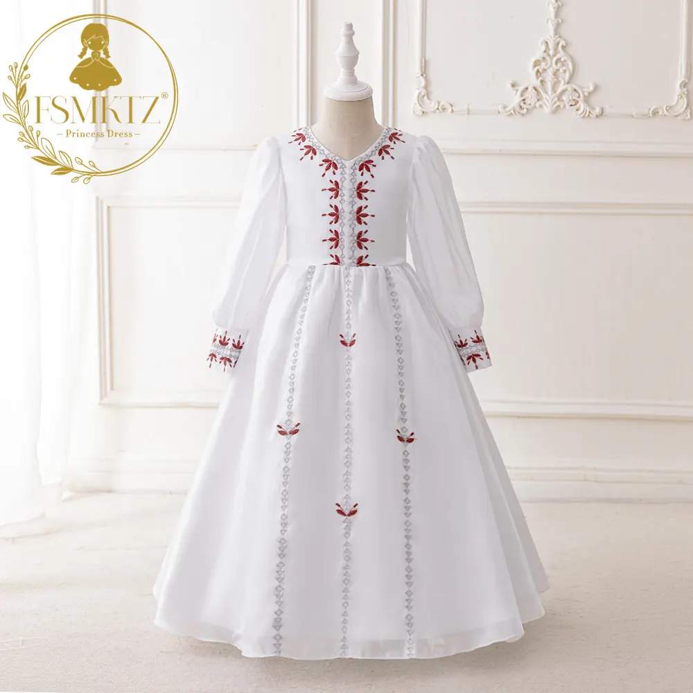 FSMKTZ Vestido infantil Eid al-Fitr novo design bordado branco para meninas vestidos longos formais de flores