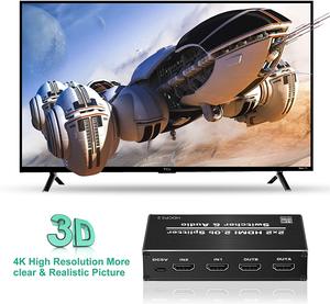 4K 2x2 HDMI Switch <strong>Switcher</strong> <strong>Splitter</strong> <strong>2</strong> in <strong>2</strong> Out 4K@60hz with Optical Toslink SPDIF+3.5mm Jack Audio Extractor HDR HDCP <strong>2</strong>.<strong>2</strong> RGB
