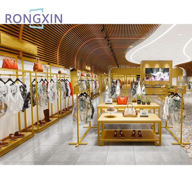 Gold Clothing Rack Apparel Retail Store Interior Design Clothes Shelve Garment Display Rack Clothing Shop Furniture