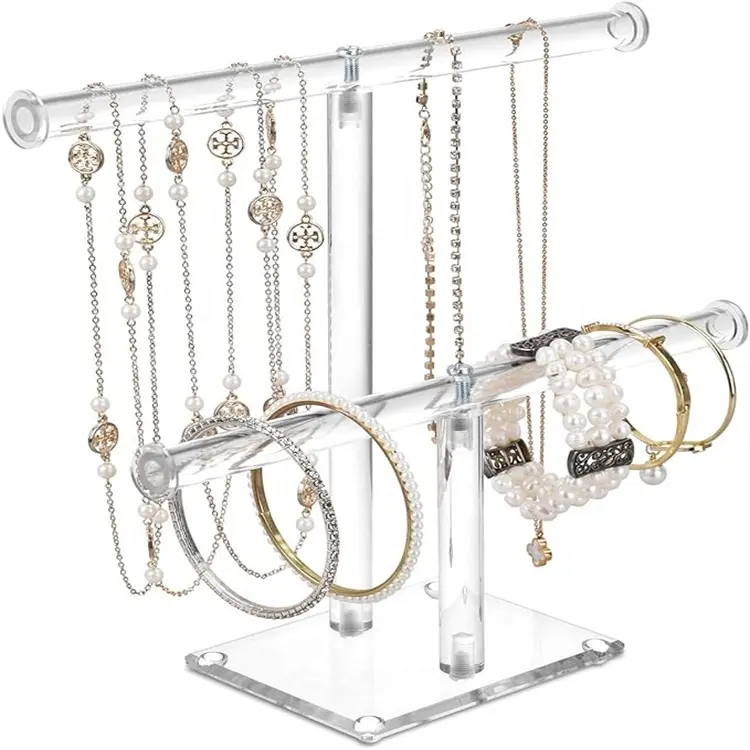 Luxus-Modeschmuck-Aufbewahrungsbox aus Acryl 2 Schichten T-Stiel-Armbandhalter Acryl-Halsbandständer für Schlafzimmer-Vorführladen