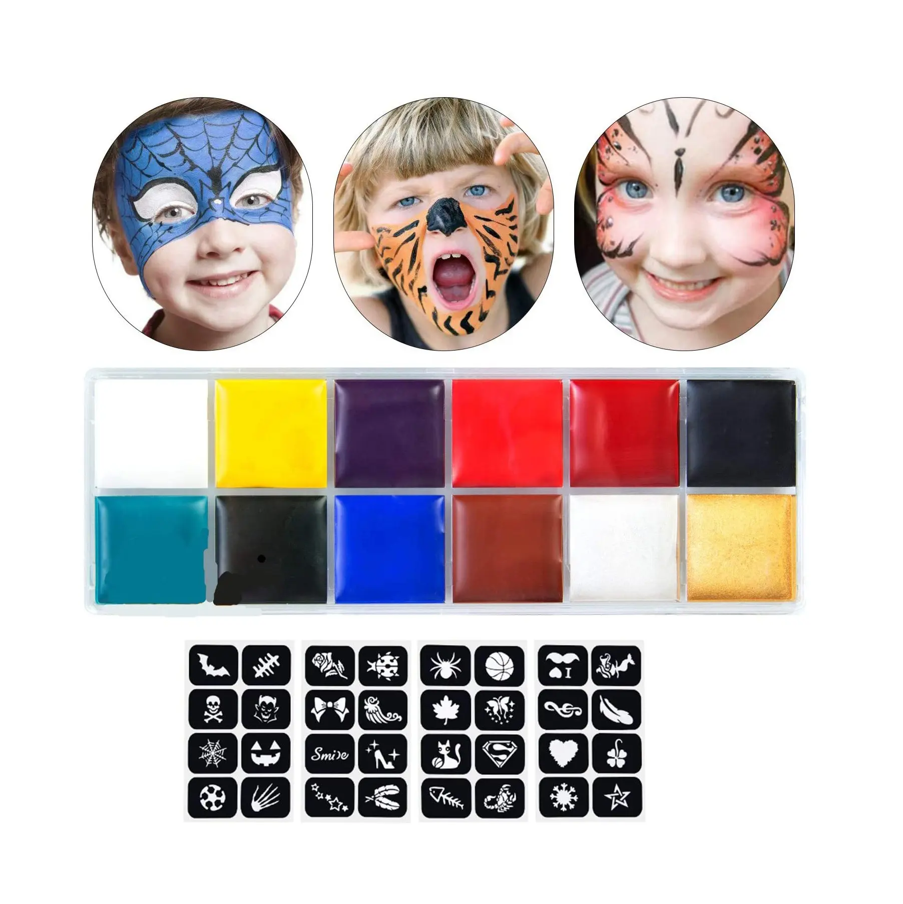12 Colors Washable face painted make up gold face paint with 10 Brushes, 32 Stencils for face paint body