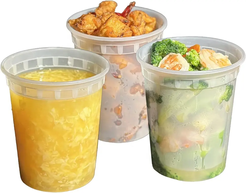 Recipiente plástico redondo descartável para armazenamento de alimentos em micro-ondas 12 onças 16 onças 24 onças 32 onças Sopa Deli