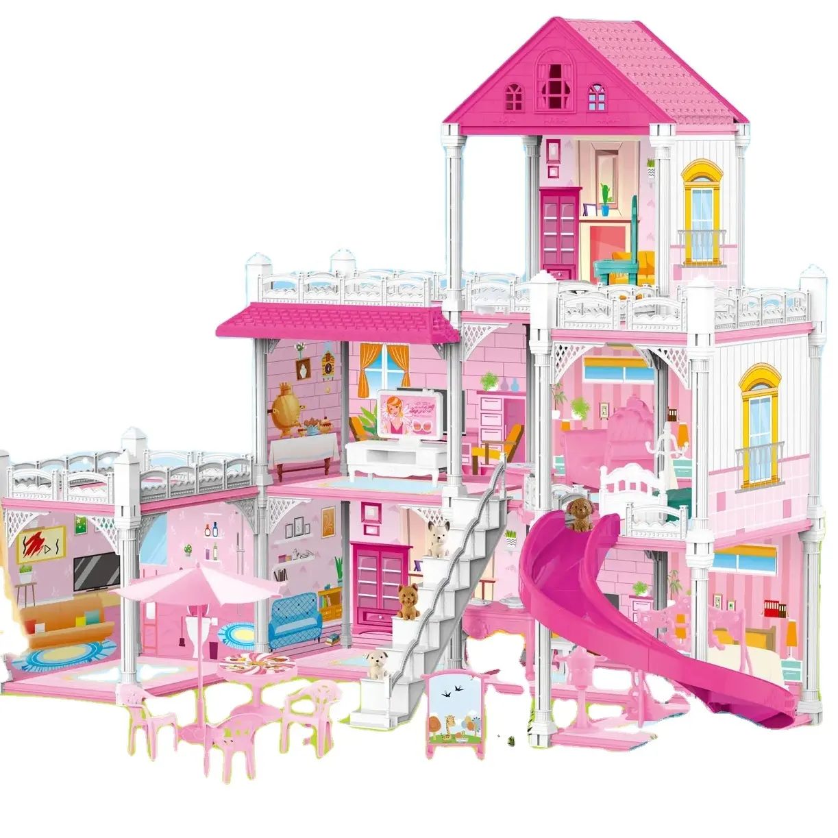 Casa de bonecas de plástico personalizável, casa de bonecas rosa para meninas, fantasia de moda, villa de brinquedo para animais de estimação, 8 quartos e 2 princesas, ideal para grandes vendas