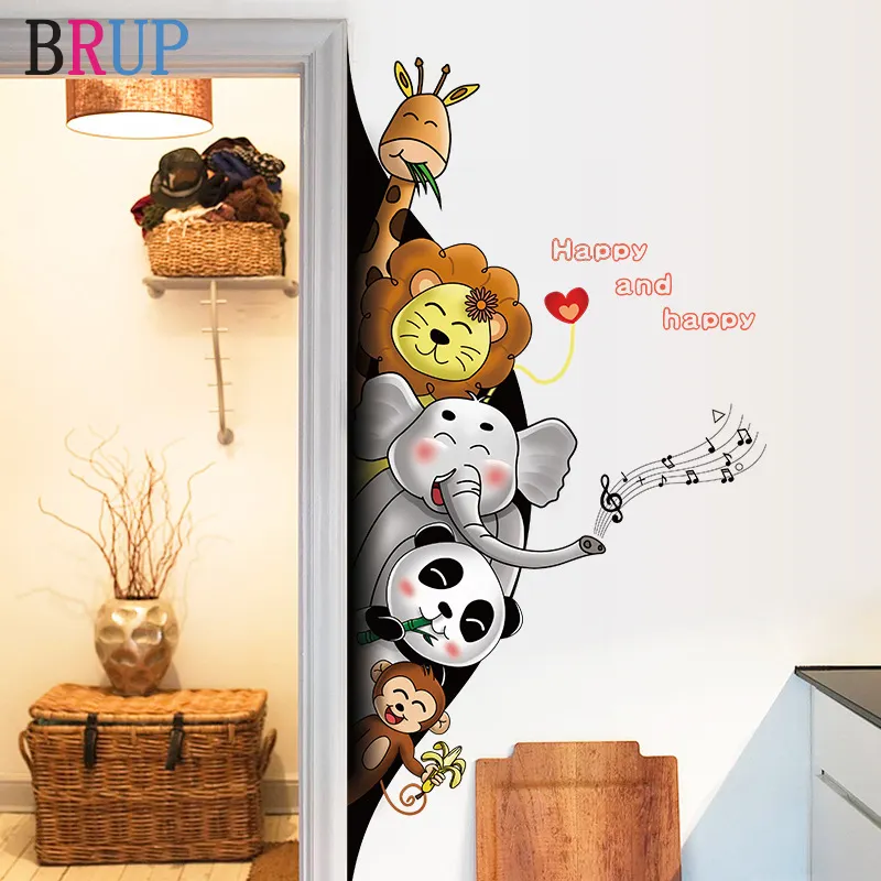 Animais animados 3D Adesivos de parede para crianças Quarto amigável Panda Elefante Macaco Wallpaper Creative Door Decoration