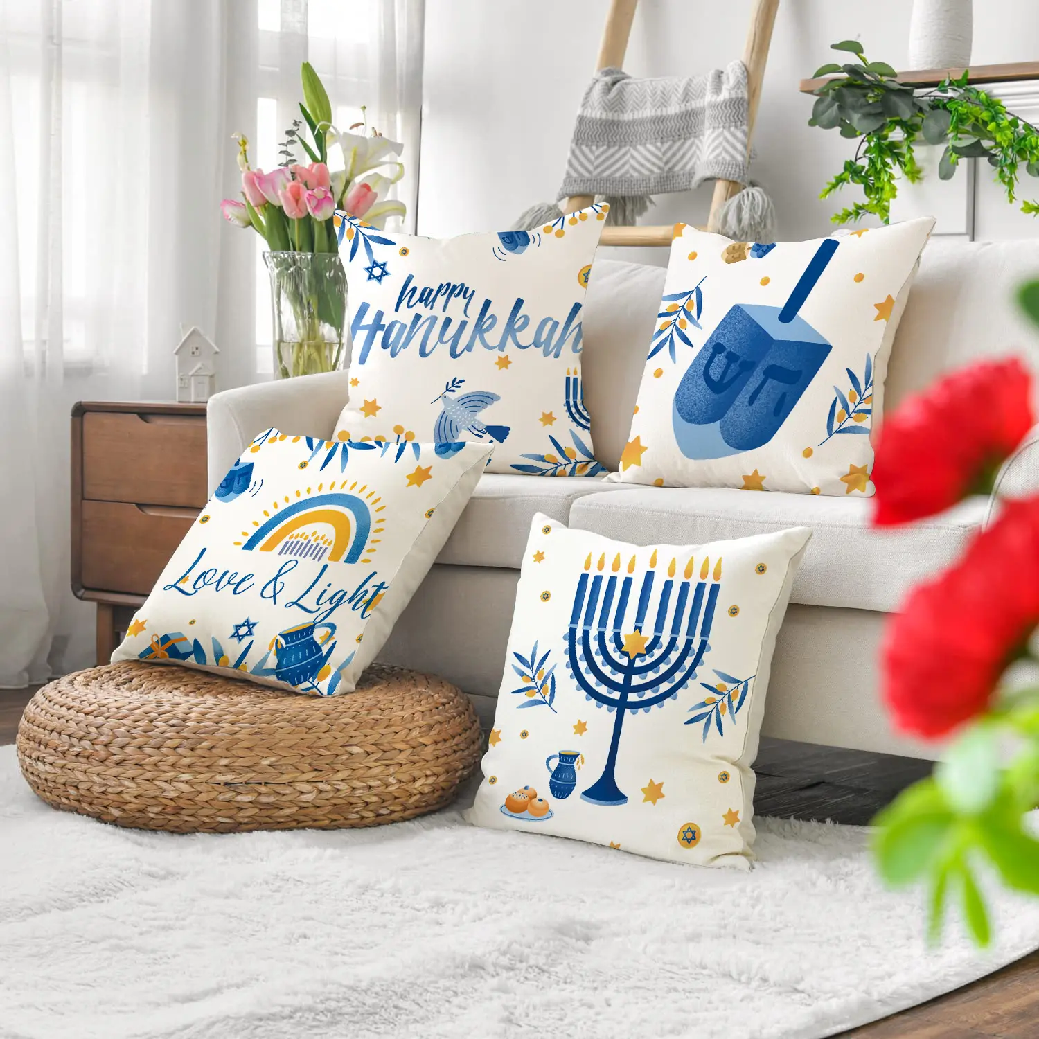 غطاء وسادة أريكة لحفلة هانوكا بسعر الجملة غطاء وسادة للاحتفال اليهودي بأضواء الشموع من الكتان غطاء وسادة مطبوع عليها أحرف لحفلة هانوكا