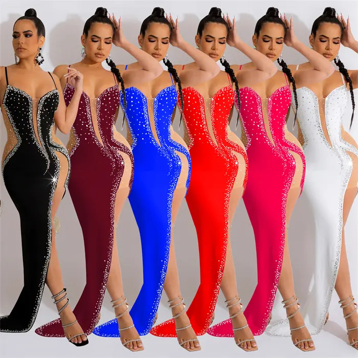 Vestidos elegantes para mujer fiesta lentejuelas Diamond Spaghetti Strap Sexy Mesh Celebrity Party Evening Maxi Dress