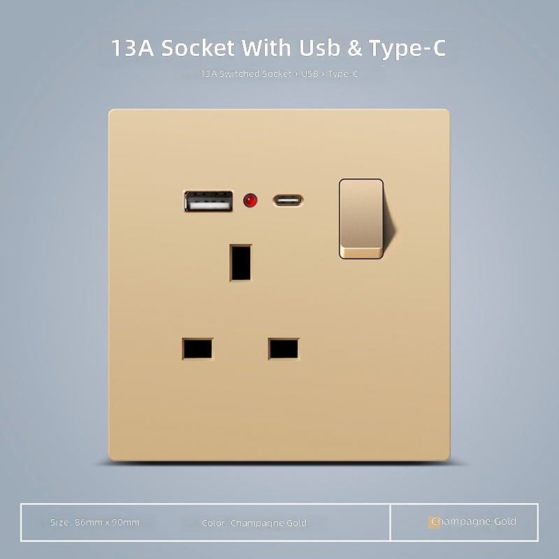 Prise 13A commutée + USB + Type-C