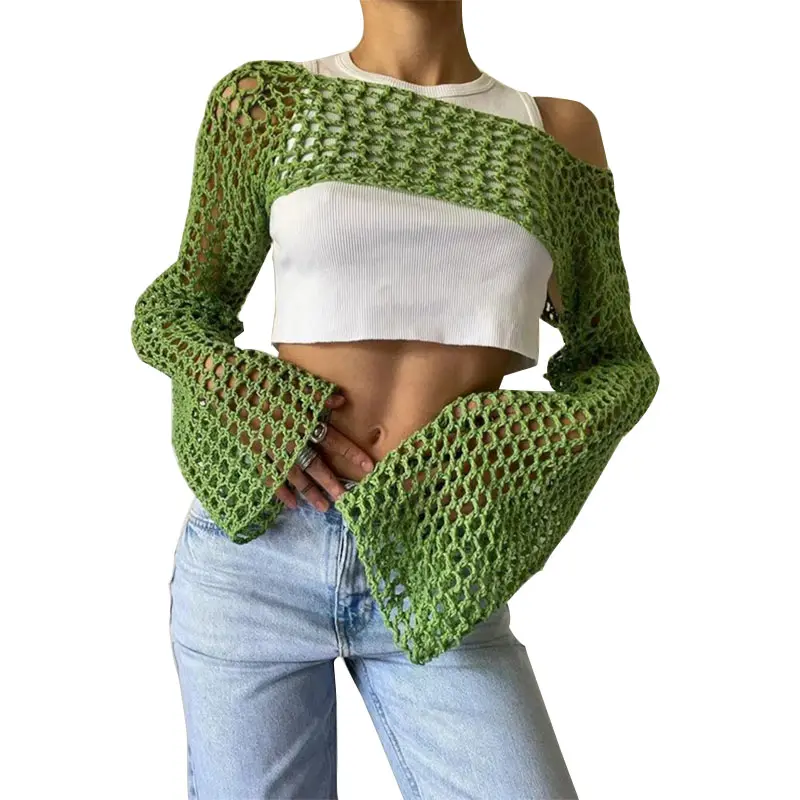 Wholesale Custom High Quality Sexy Backless Hollow Out Bolero Shrug Long Sleeve Smock Knitted Crochet Crop Tops For Women