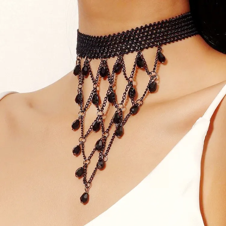 Kalung choker renda hitam seksi terbaru rantai rumbai retikuler kalung kerah kristal hitam gantung untuk wanita
