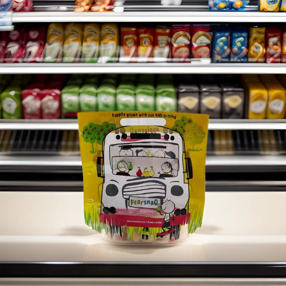 Bolsa de compras de supermercado de dibujos animados con impresión personalizada, bolsa de pie para regalo de juguete, bolsa de embalaje transparente para frutas y verduras