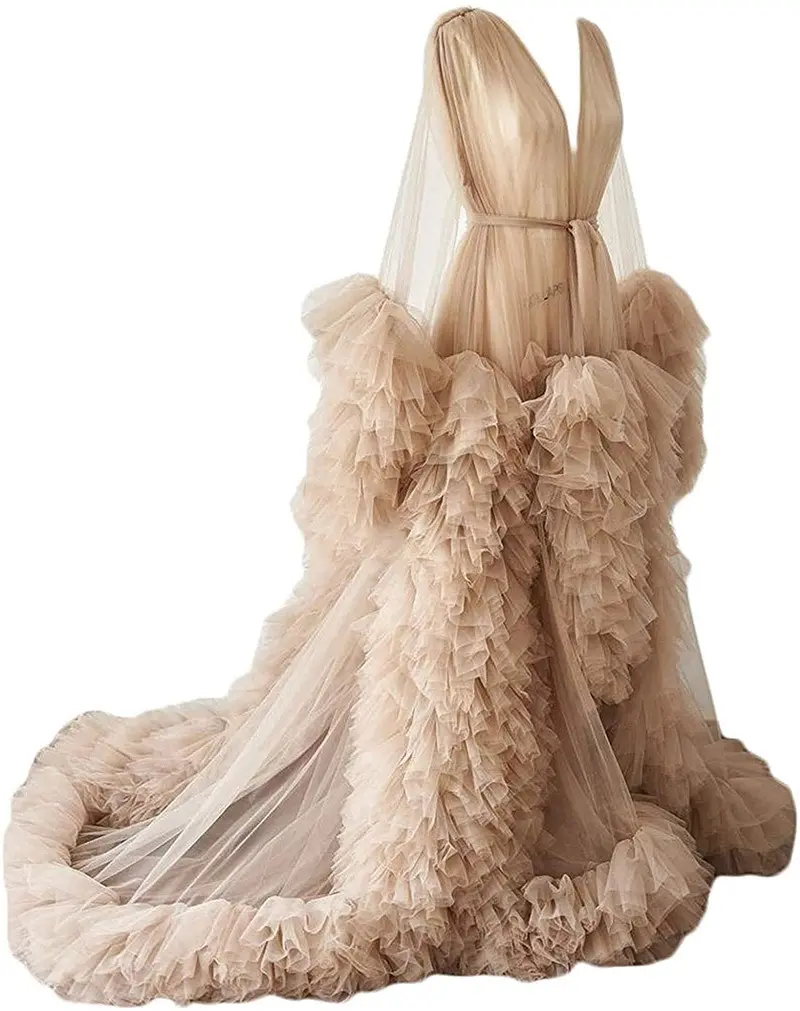Alta Qualidade Sexy Noiva Long Lace Ruffle Robe Transparente Tulle Robe Puffy Vestido Wedding Robe Photo Shoot Dress