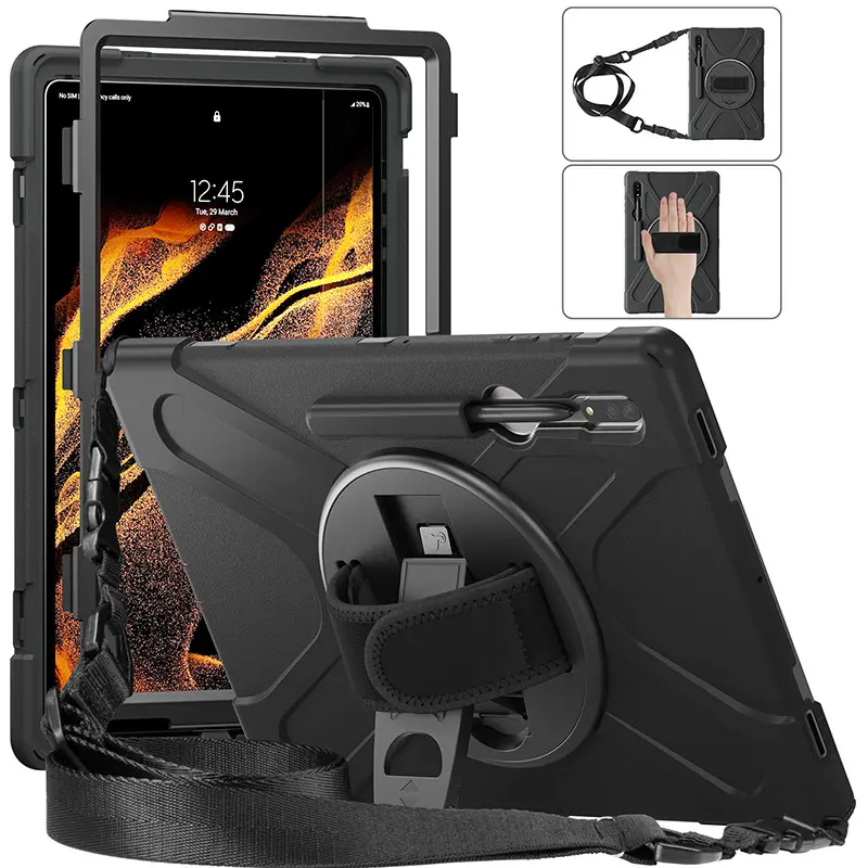 Heavy Duty Antichoc Cas avec S Stylo Titulaire Dragonne Béquille Bandoulière pour Samsung Galaxy Tab S8 Ultra 14.6 "SM-X900