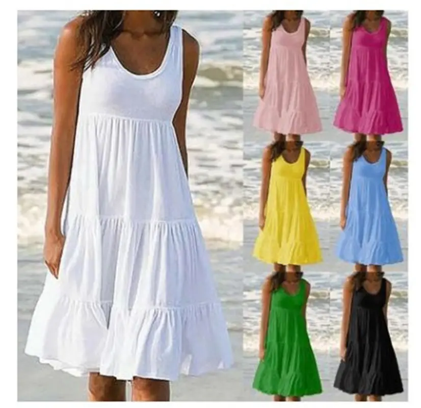 Intera vendita moda abiti estivi donna maglia Casual senza maniche in Chiffon bianco tinta unita spiaggia Mini Plus Size Dress S0548
