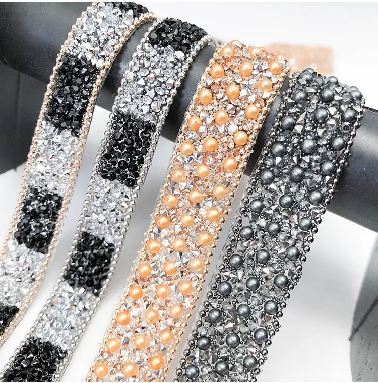 Glitter White Crystal Rhinestone Tape Trim Self-Adhesive Glass Appliques Diamond Sticker For Dress Shoe Adornment Ribbon