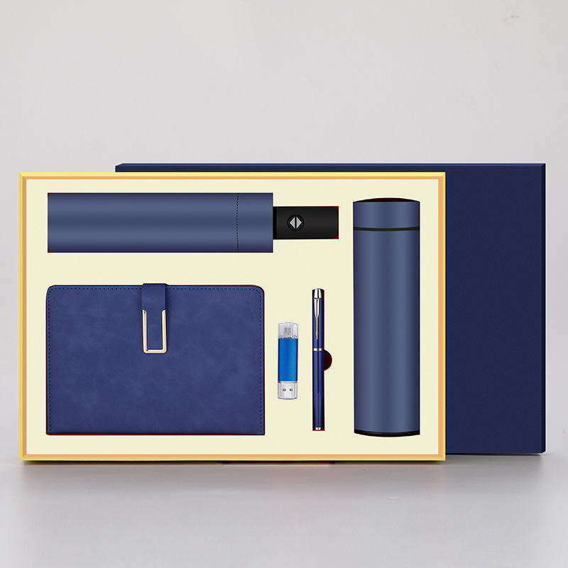 Ensemble cinq pièces : ordinateur portable, parapluie, clé USB, stylo, tasse - bleu
