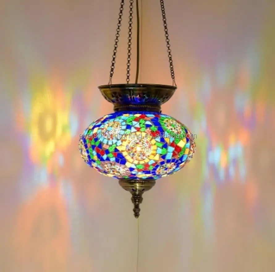 Marrakech Turkish Moroccan Handmade Mosaic Glass Colorful Boho Ceiling Pendant Hanging Lamp Light Chandelier