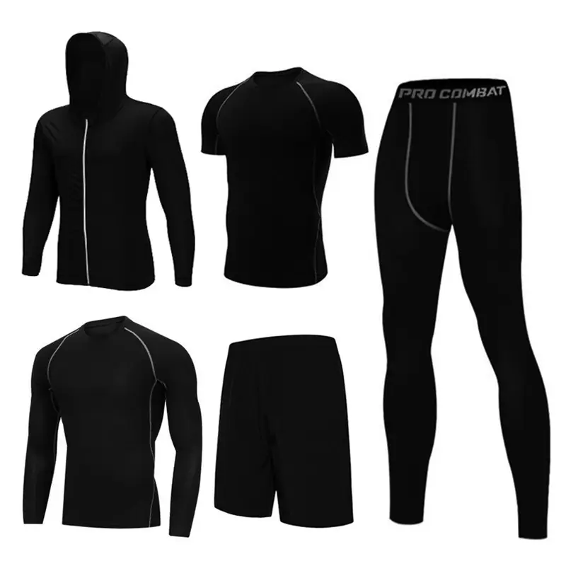 طقم رياضي رجالي مناسب للتدريب والركض ملابس رياضية مضغوطة ملابس لياقة بدنية للرجال طقم من 5 قطعة