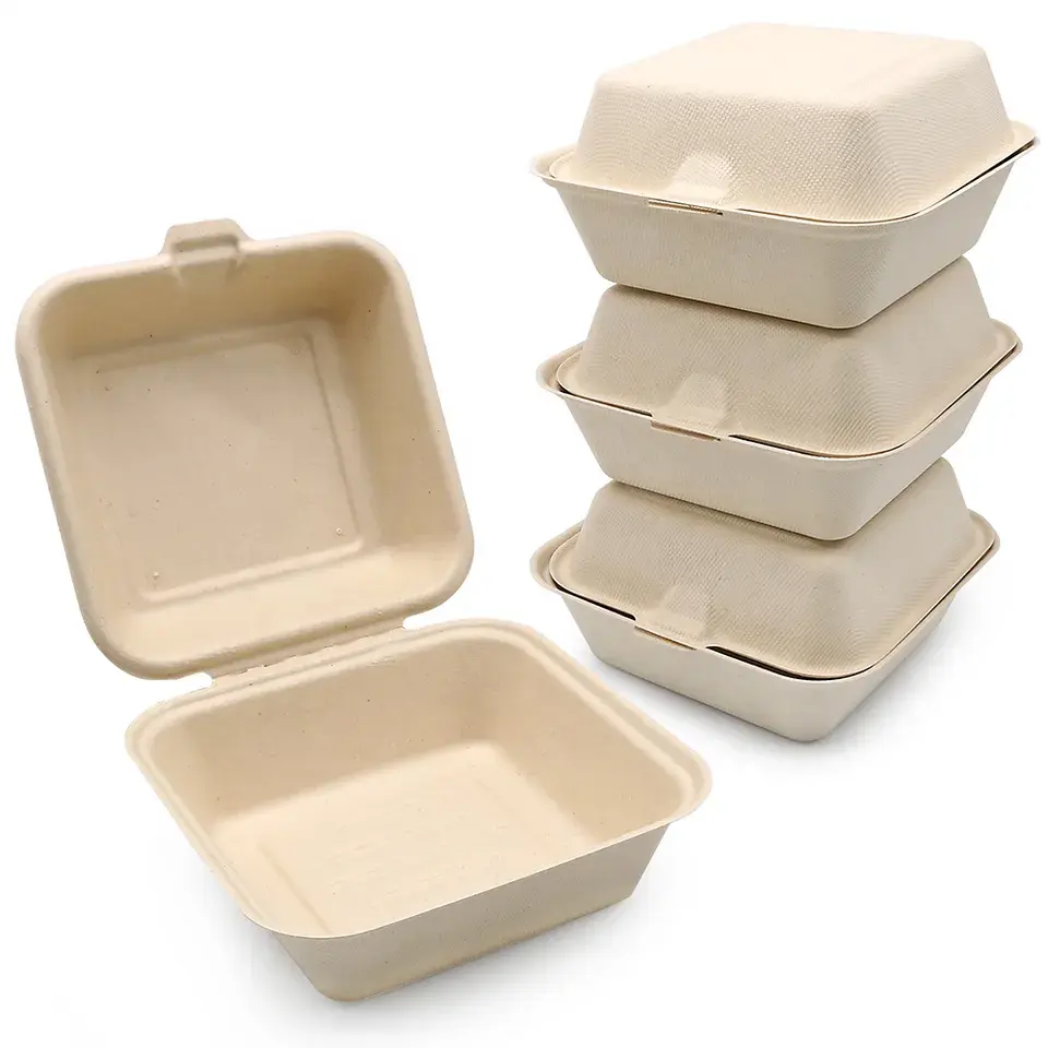 Compostable Clamshell Burger Box 6x6 Quadrado Dobradiço Recipiente Eco-Friendly Natural Açúcar Fibra Bagaço Caixa Biodegradável Do Bolo