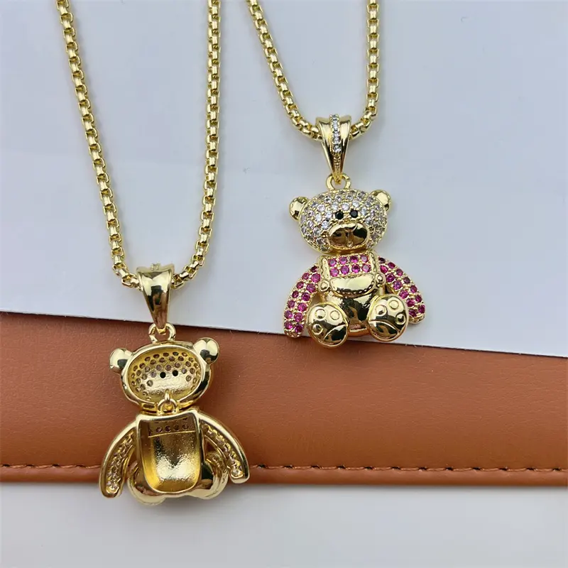 Collana a catena con scatola placcata in oro 24k all'ingrosso CZ Pave Cubic Zirconia collana con ciondolo a forma di orso carino gioielli estivi