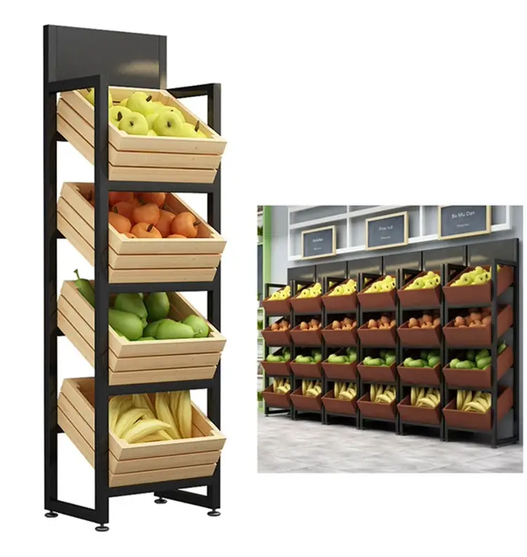Xiamen Aangepaste Retail Supermarkt Apparatuur Metalen Houten Fruit Stand Groente Plank Display Rack