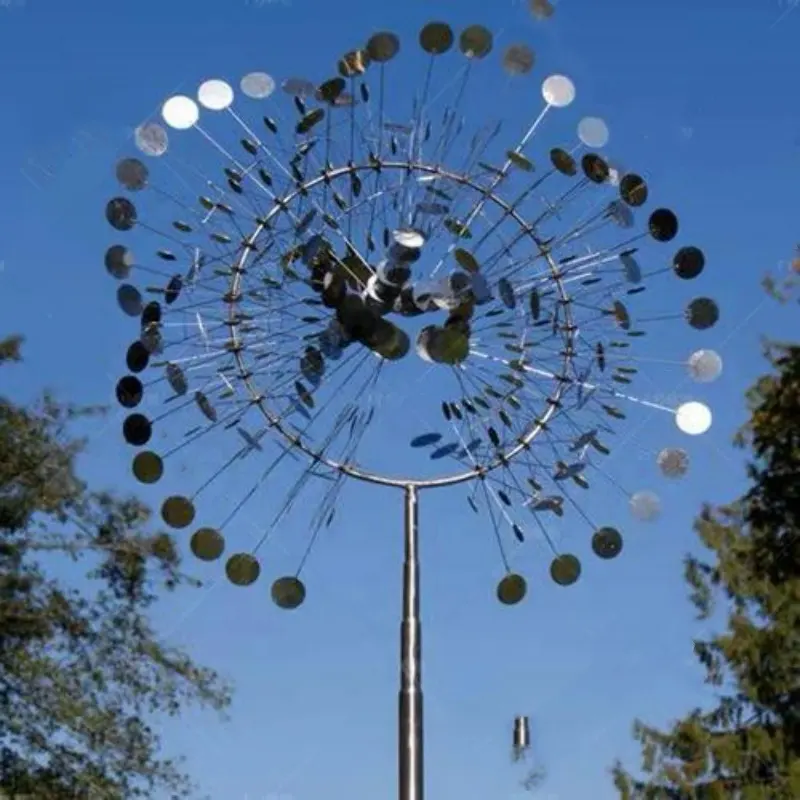 Escultura de metal moderno em aço inoxidável, moinho de vento mágico personalizado em aço inoxidável, escultura de vento cinético giratório com led para venda