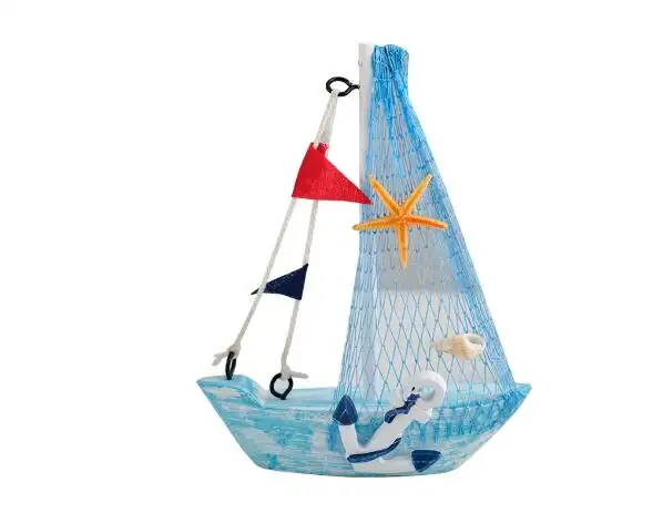 Modelo de veleiro de 15 cm para decoração de casa, estilo mediterrâneo, pequeno barco de pesca, camuflagem, artesanato em madeira