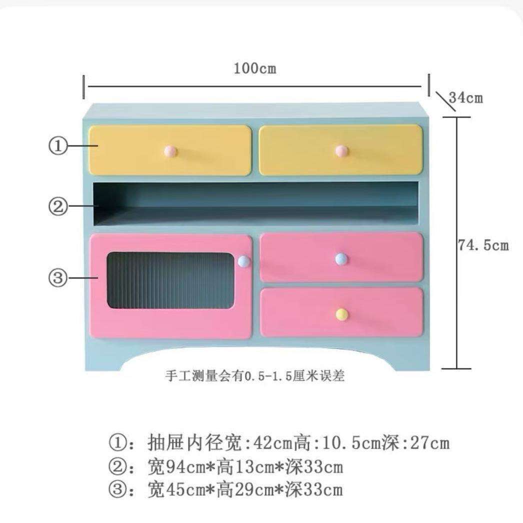 Commode jaune, bleue et rose