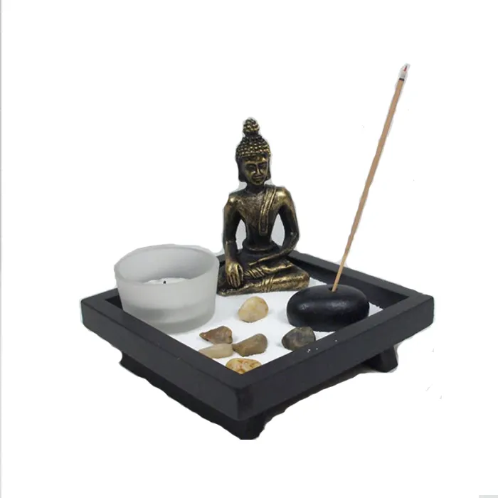 Mini Sand Zen Garden Kit statua di Buddha da tavolo con bruciatore di incenso