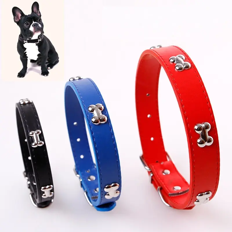 Collar de cuero de hueso duradero para mascotas, accesorios, correa para el cuello, para cachorros, Pug, perros pequeños y grandes