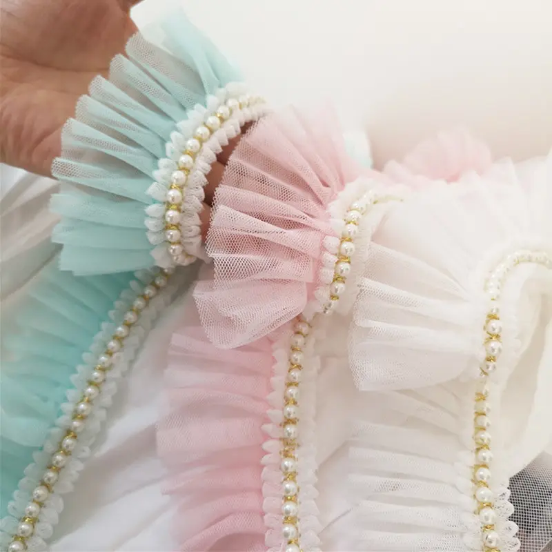 Elegant and Fancy Netted Ruffles with Pearls Beaded Embellishment Perfect for Customizing Child Clothes and Apparel Decoration