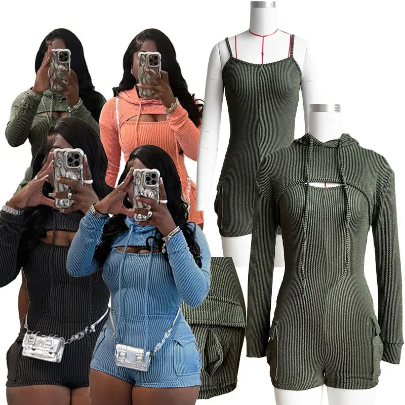 Women Ribbed Long Sleeved Hooded Cover Suspender Slim-fitting 3D Cargo Pocket Romper Short Jumpsuit Two Piece Set