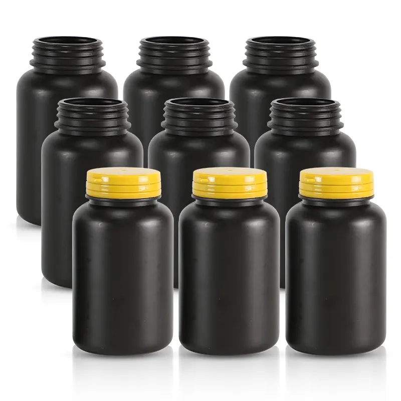 herstellung ab werk 150 ml 250 ml hdpe schwarze runde flasche mit flip-cap in lebensmittelqualität aus kunststoff mit pillenkappe sule candy gummi
