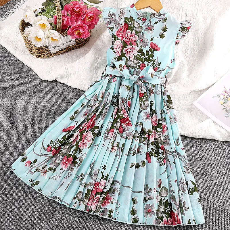 2024 Summer Girls Outfits Short Ruffle Sleeve Flower Print Princess Dresses Birthday Party Wedding Beach Kids Clothing Dress