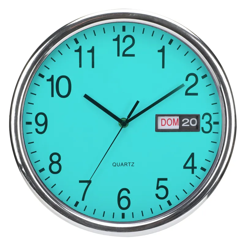 Relógio de parede clássico prateado metálico de luxo moderno de metal com calendário, relógio redondo para sala de estar, dia e data