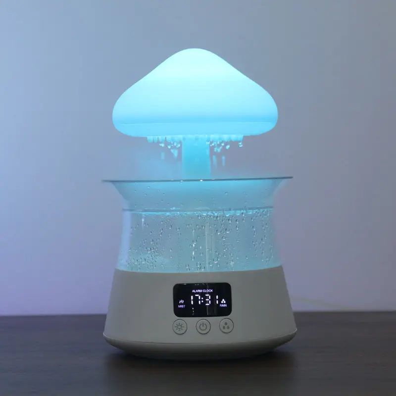 Meditation alarm clock magic raindrop sound night light scent oil diffuser mushroom water drip rain device and humidifier