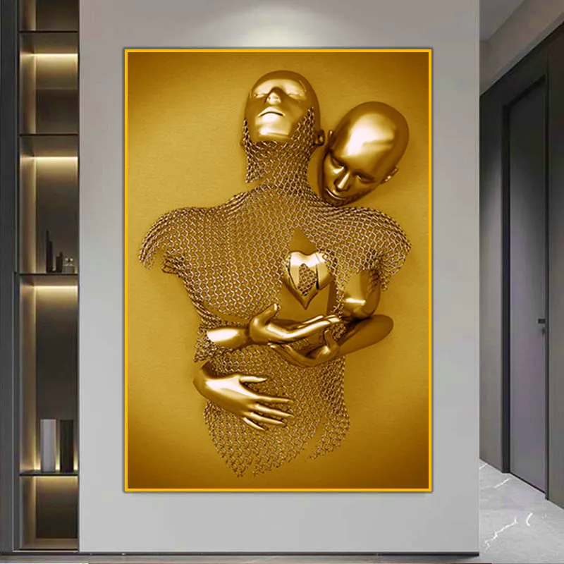 Golden Lovers Statue Canvas Painting Romantic Abstract Wall Art Posters and Prints Modern Living Room Home Decoration Pictures