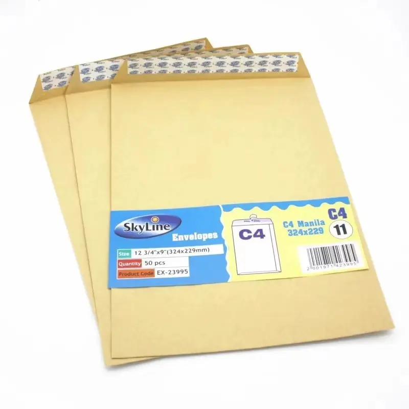 Envelopes de escritório escolar em manila, papel A4 C4, envelope liso branco ou marrom com fita de vedação dupla face