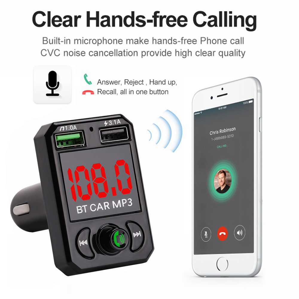 EONLINE In-auto Wireless FM Transmitter Large Screen LED display 3.1A Fast Charging TF U Disk Car Mp3 Player Handsfree Kit