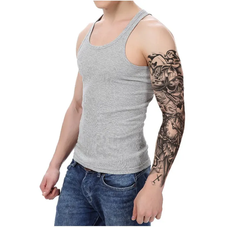 블랙 컬러 남자 두개골과 시계 전체 팔 멋진 방수 임시 전체 슬리브 문신 스티커