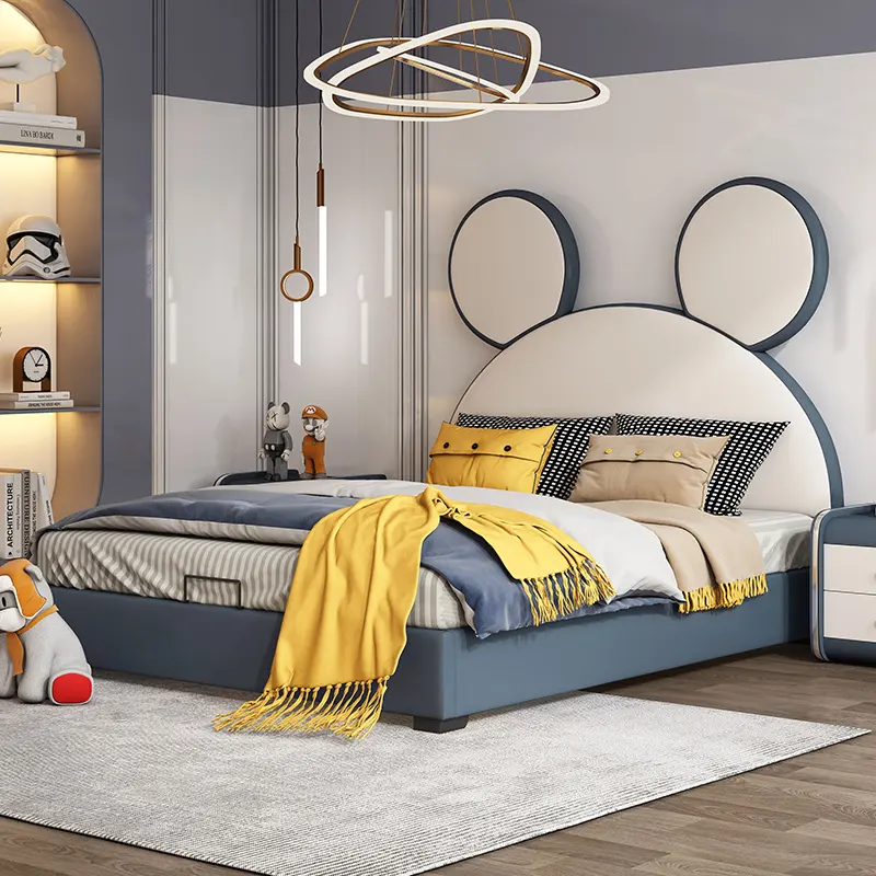 Mobília de quarto infantil cama de couro com moldura de madeira maciça para meninos mobília moderna 1 conjunto